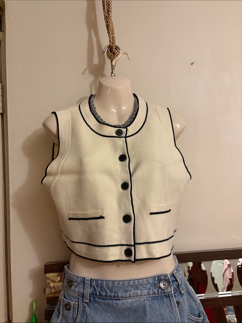 OAK + FORT Ivory Cropped Knit Vest with Black Trim. Viscose